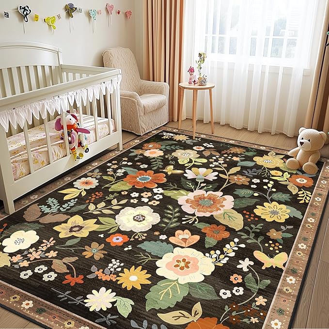 Floral 6x9 Area Rug Machine Washable Soft Print Boho Carpet Non Slip Doormat Low Pile Flower Area Rugs for Living Room Bedroom Nursery Kitchen Dining Room Indoor-Black/Yellow/Red