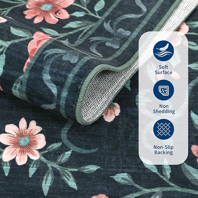 GarveeHome Washable Runner Rug 2x6 Non Slip Hallway Runners Stain Resistant Low Pile Floral Runner Rugs for Kitchen Soft Long Entryway Runner Rugs Black Boho Throw Carpet for Bedroom Nursery, 2x6