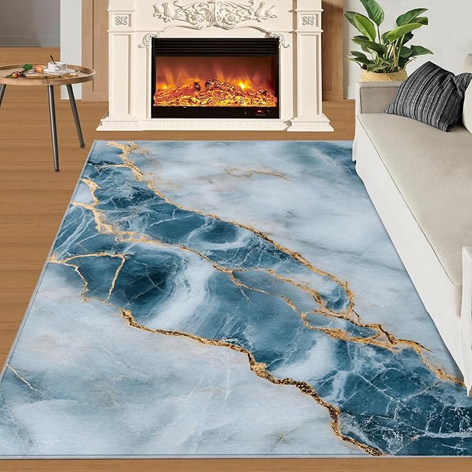 3x4 Abstract Marble Rugs for Entryway - Blue-White-Marble Kids Bedroom Rug, Luxury Stone Pattern Mudroom Rug Soft for Coffee Shop Living Room Under Table Game Room