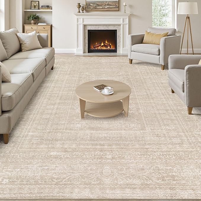 Area Rugs 9x12 Living Room: Washable Large Vintage Beige Rug Neutral Non-Slip Soft Stain Resistant Indoor Carpet for Bedroom Nursery Dining Room Under Table Bed Home House Office Playroom