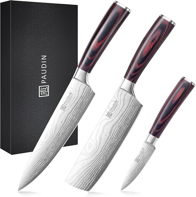 PAUDIN Kitchen Knife Set, 3 Piece High Carbon Stainless Steel Professional Chef Knife Set with Ultra Sharp Blade & Wooden Handle (Kitchen Knife Set 3 Pcs)