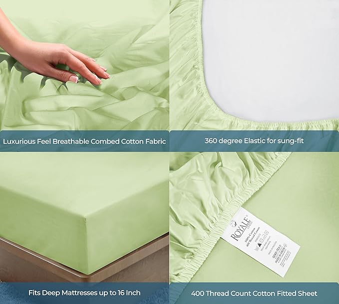 Royale Linens 400 Thread Count 100% American Grown Cotton Fitted Sheet Full Size - All Around Elastic Fitted Sheet - Luxury Sateen Weave - Snug Fit Bottom Sheet Fit Up to 16" (Full, Florentine Sage)