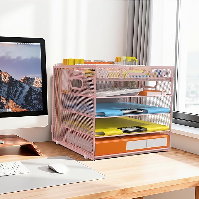 Docnest 5 Tier Letter Tray with Hanging File Organizer-Mesh Desk Organizer-Desktop Storage Box Built in Pen Holder and Handles, File Folder Holder for Mail Documents Office Supplies-Pink