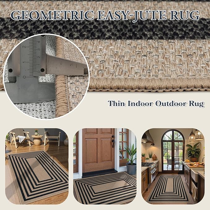 Lahome Modern Geometric Easy Jute Outdoor Rug, 3x5 Black Washable Kitchen Rugs for Bedroom Thin Non Slip Indoor Door Mat, Non Slip Farmhouse Carpet for Office Patio