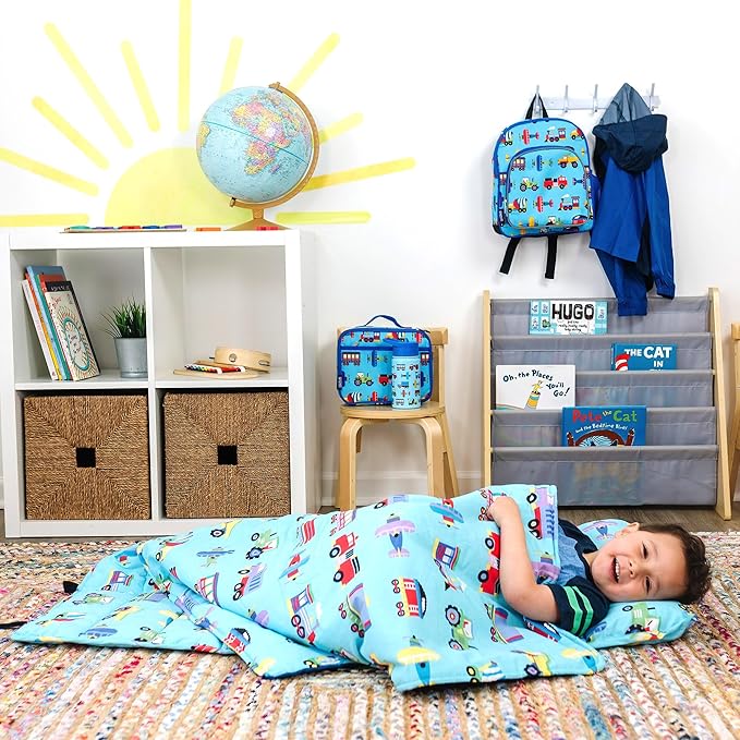 Wildkin Kids Original Nap Mat – Cozy Kids Sleep Mat with Pillow, Ideal for School & Travel - Trains, Planes, and Trucks