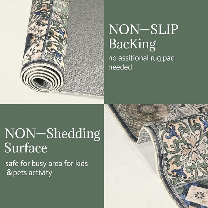 Washable Entryway Rug 3'x5 Non-Slip Backing Vintage Indoor Rug Low Pile Lighrweight Carpet for High-Traffic Indoor Entrance & Kitchen