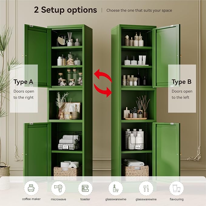 YAUWOH 2-Door Metal Storage Cabinet, Tall Slim Pantry Organizer
