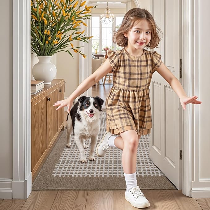 LUMI Inside Door Mat for Entry 36''x56'', Absorbent, Dirt Trapper, Low Profile Thin, Non Slip Mats with Rubber Backing, Ideal for Indoor, High Traffic, Garage, Entrance, Checkered Beige