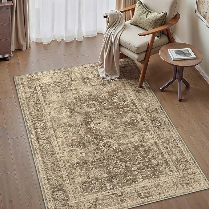 3x5 Washable Area Rug for Entryway Brown Vintage Non-Slip Low Pile Distressed Rustic Carpet Lightweight Vacuumable Door Mat Soft Small Door Mat Small Throw Rug for Entrance