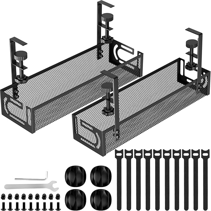 Cable Management, 2 Pack Cable Management Under Desk No Drill, Metal Cord Organizer with Clamp for Standing Desk, Cable Organizer for Home Office, Black