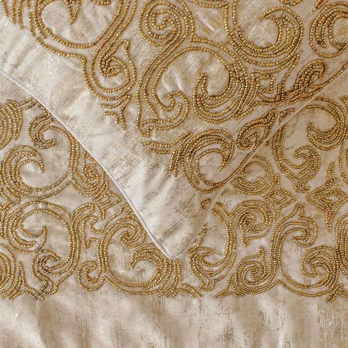 The HomeCentric King/Queen/Twin Gold Designer CA King 86"x18" Bed Runner Without Pillow Cover, Foil & Hand Beaded Embroidery Bed Scarf on Jacquard Fabric - Ornamento Oro