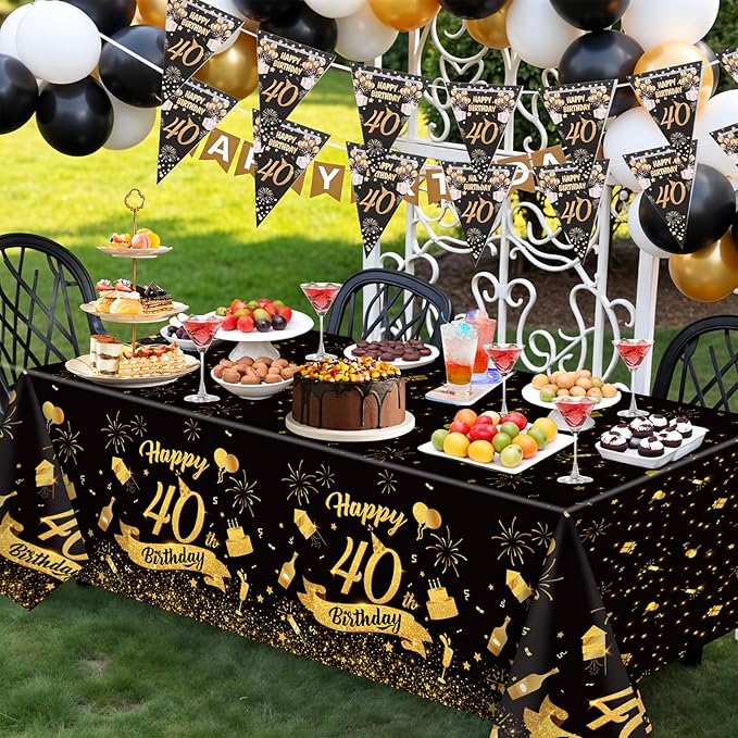 NatNarr 3 Pack 40th Birthday Plastic Tablecloth, 54x108 Inch Black Gold Disposable Rectangle Table Cover Waterproof Table Cloth for Birthday 40 Anniversary Party Supplies