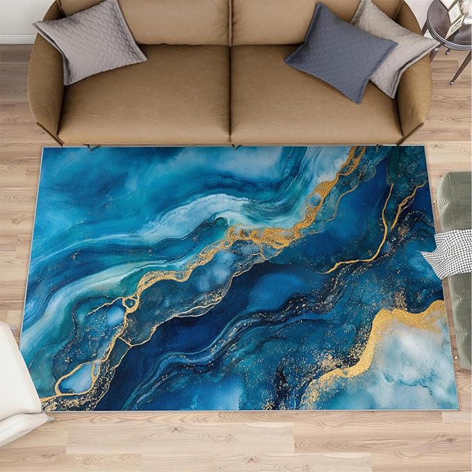 Blue Gold Marble Rugs for Bedroom - 6x9 Area Rug - Modern Fashion Marble Rugs for Living Room, European Light Luxury Art Rug, Washable Home Decor Carpet