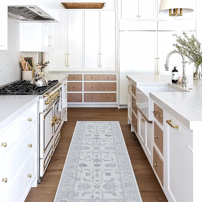 Fame Living Beige Oushak Runner Rug, Modern Runners, Vintage, Turkish, Eclectic, Floral, Pastel, Washable, Runner for Hallway, Kitchen, Bedroom, Bathroom, 2'5"x9'8"