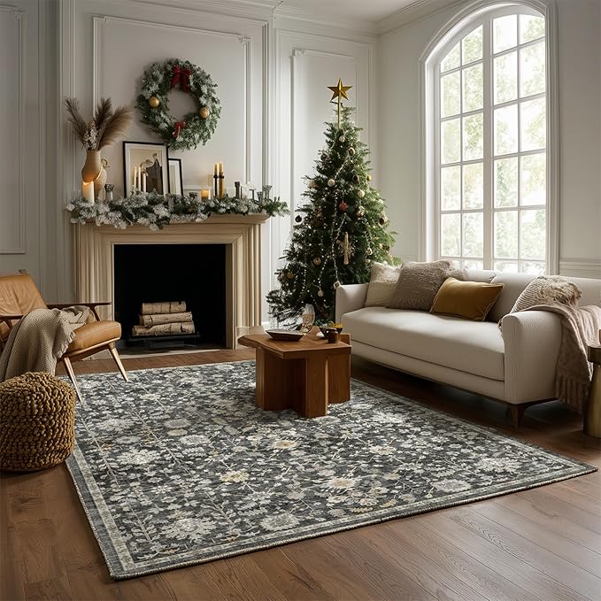 Washable Area Rugs 5'x7' Non-Slip Vintage Boho Distressed Fade Resistant Low Pile Carpet for High-Traffic Living Room, Bedroom & Dining Room