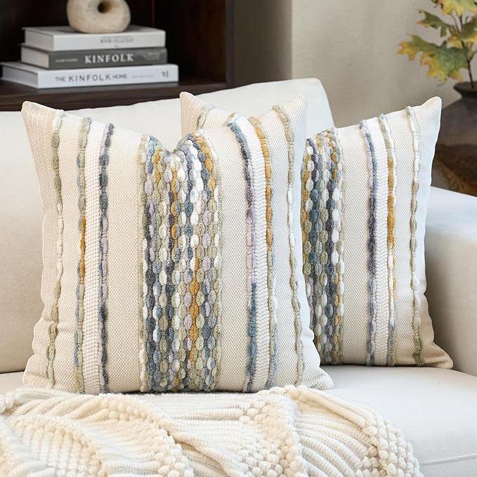 Aeckself Boho Pillow Covers 18x18 Inch Set of 2, Farmhouse Decorative Striped Square Chenille Tufted Accent Neutral Throw Pillow Covers for Living Room Couch Bed, Gray Blue