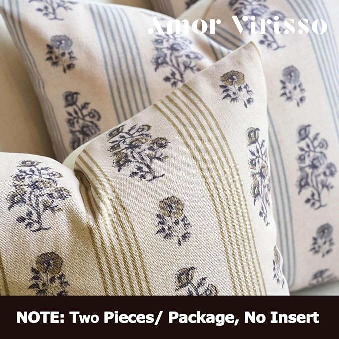 Amor Virisso Floral Throw Pillow Covers 20x20 Set of 2 Block Print Pillow Covers Neutral Floral Striped Farmhouse Decorative Pillow Covers for Sofa Couch Bed, Yellow