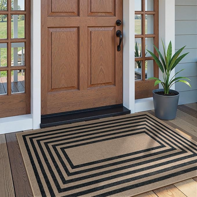 Lahome Modern Geometric Easy Jute Outdoor Rug, 3x5 Black Washable Kitchen Rugs for Bedroom Thin Non Slip Indoor Door Mat, Non Slip Farmhouse Carpet for Office Patio