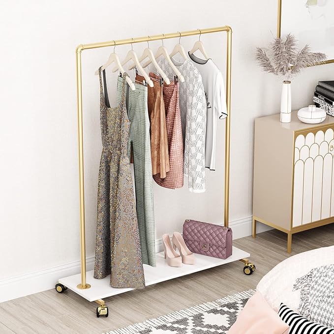 Gold Metal Clothing Rack with Wood Shelf, Heavy Duty Rolling Garment Rack with Wheels for Bedroom Retail Boutique Use (49.21L inches)