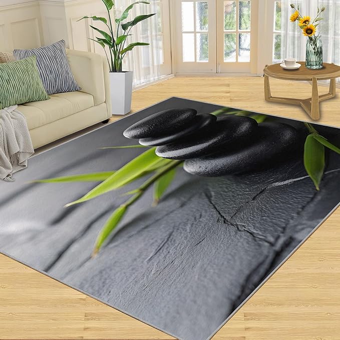 Zen Buddhism Rugs for Bedroom - 6x9 Area Rug - Black Zen Dianthus Leaf Rugs for Living Room, Meditation Yoga Rug, Washable Home Decor Carpet