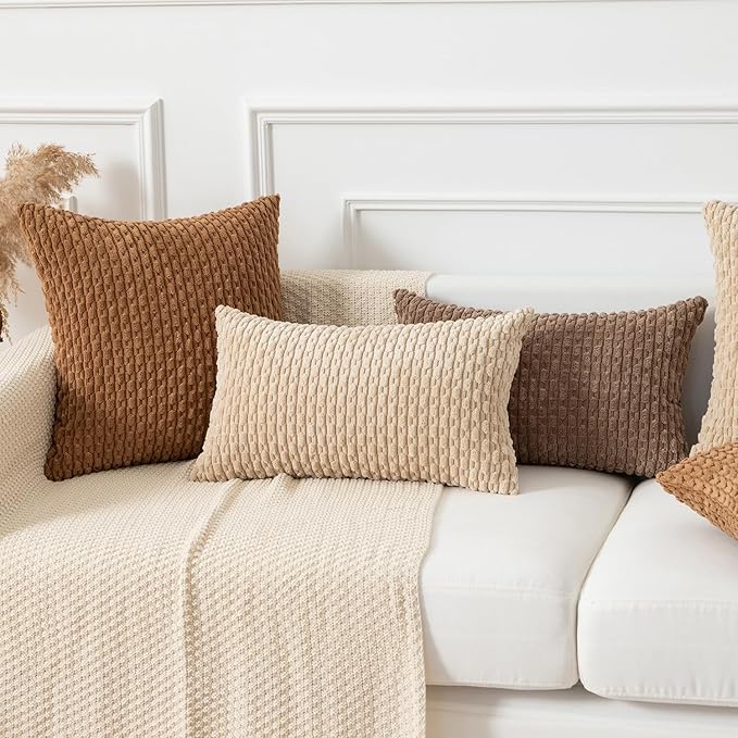 Kevin Textile 12x24 Inch Pillow Cover 1 Pack Boho Decorative Soft Striped Corduroy Lumbar Farmhouse Solid Color Accent Rectangle Cushion Case for Living Room Couch Sofa Bed, Beige