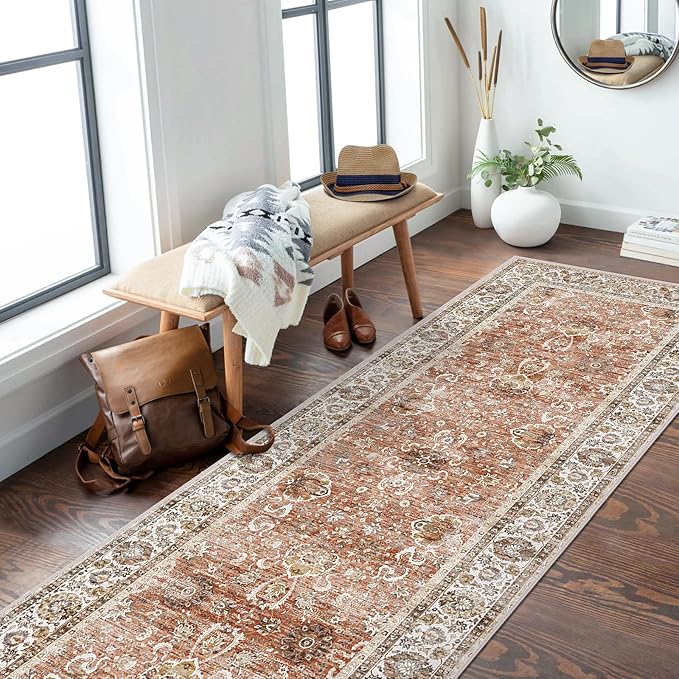 3x8 Runner Rug Non Slip - Kitchen Washable Rug Runner with Non-Shedding, Boho Rugs Cream Runners Rug for Hallways Distressed Carpet Runner Rugs for Bedroom Brick Red