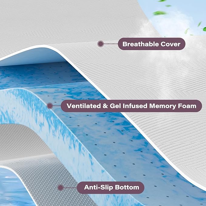 3 Inch Memory Foam Mattress Topper Queen Size with Removable Soft Cover Ventilated Breathable Cooling Mattress Pad Portable Bed Topper for Back Pain, CertiPUR-US Certified