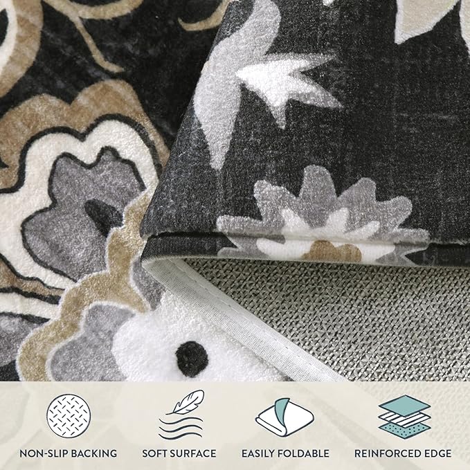 Lahome Floral Black Round Area Rug - 5Ft Washable Ultra-Thin Soft Bedroom Rug, Non-Slip Stain Resistant Circle Carpet for Living Room, Office, Dining Room, Paisley Print Accent Carpet
