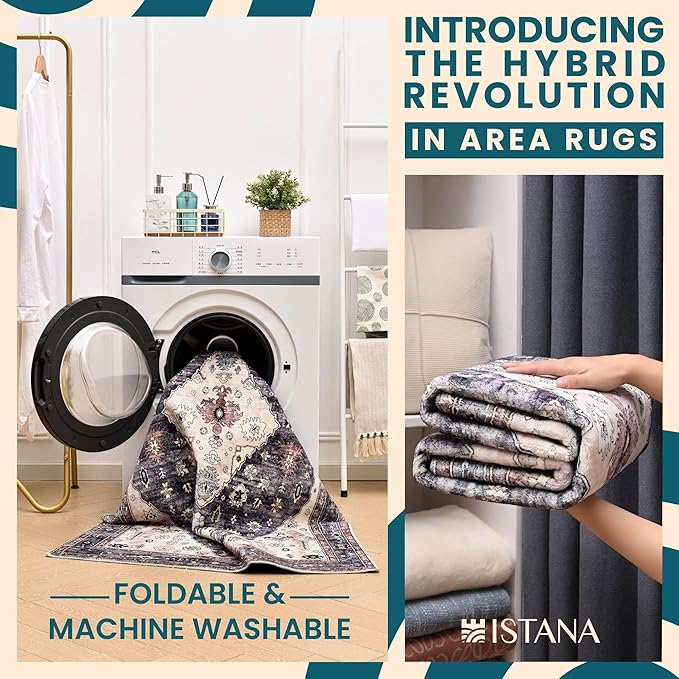 Istana Hallway Runner Rug 2x8 – Dark Grey Blue/Rose Mauve Entryway Rug -Silk's Soft Touch Runners for Hallways - Stylish Kitchen Runner Rug Non Slip