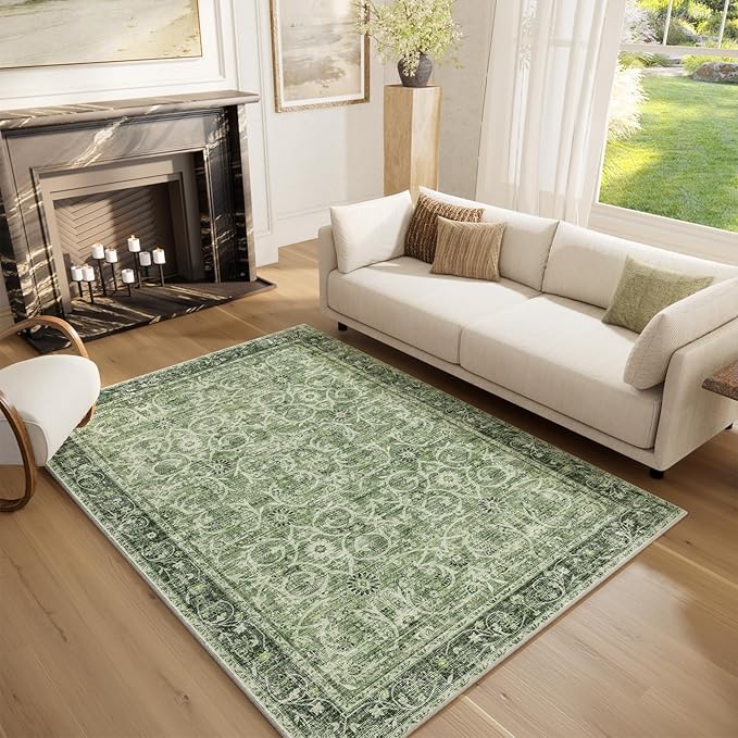 Washable Area Rugs 5'x7' Non-Slip Vintage Boho Distressed Fade Resistant Low Pile Carpet for High-Traffic Living Room, Bedroom & Dining Room