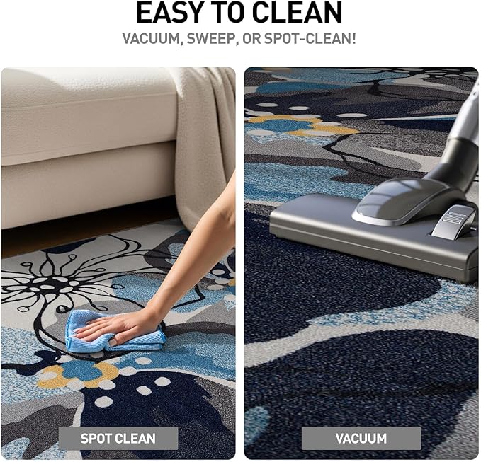 Modern Large Floral Non-Slip (Non-Skid) Area Rug 8 x 10 (7' 10" x 10') Gray-Blue