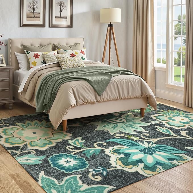 Lahome Floral Machine Washable Area Rugs - 5 x 7 Rugs for Living Room Non-Slip Lightweight Carpet for Bedroom Throw Soft Boho Rug, Blue Paisley Print Indoor Floor Rug for Office Dining Room Kitchen