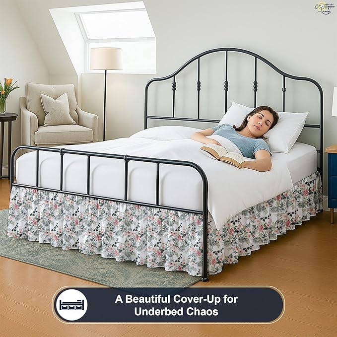 Cottington Lane Ruffled Bed Skirt Queen Size with Split Corner, Brushed Microfiber Hotel Quality Dust Ruffle, 15 Inch Drop Gathered Bedskirt, Soft, Stylish, Shrink & Fade Resistant, Petal Dream