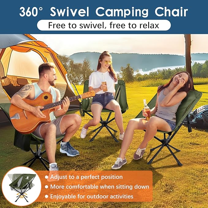 Raynesys 2 Pack Portable Camping Chair, Flexible 360° Rotation, 8 Seconds Quick Setup Folding Camping Chair, 3.8Lb Lightweight Travel Chairs for Easy Carry to Hiking, Sporting, Beach, Army Green