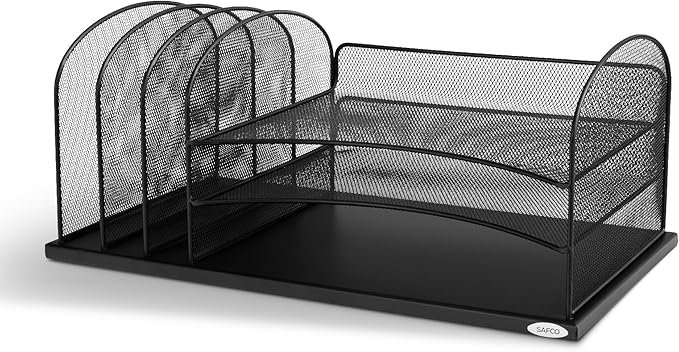 Safco Onyx Desk Organizer, 3 Vertical Compartments and 3 Trays, Office and Classroom Mailbox , Paper and Mail Sorter, Steel Mesh, Black