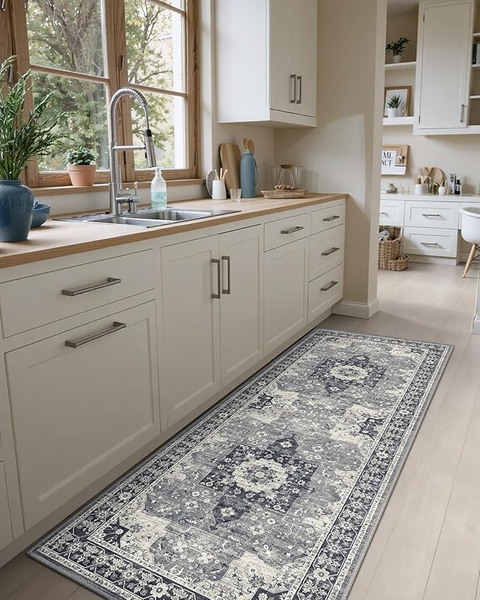 DEXI Hallway Runner Rug 3x8, Distressed Non Slip Runners Carpet, Boho Vintage Soft Thin Indoor Rug, Stain Resistant Washable Entry Mat for Entryway Kitchen Laundry Room Living Room, Blue Grey