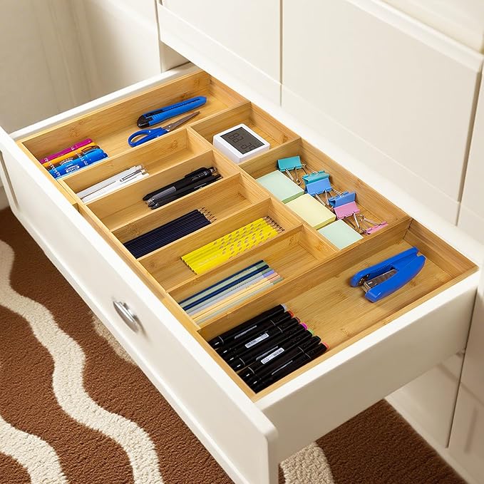 Utoplike Extra Large Kitchen Drawer Organizer, Solid Bamboo Silverware Tray