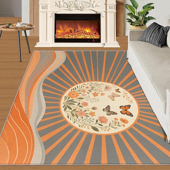 Boho Sun Area Rugs 6x8ft, Minimalist Line Living Room Area Rug, Geometric Solar Play Rug with Carpet Tape Double Sided for Bedroom Office Home Decor