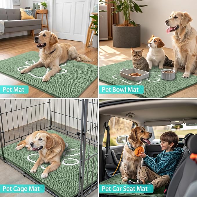 Smiry Dog Door Mat for Muddy Paws, Absorbent Dirt Trapper Non Slip Quick Dry Washable Chenille Mat for Mud Dogs, Entry Rug for Indoor and Outdoor (36x24 Inches, Olive Green and White)