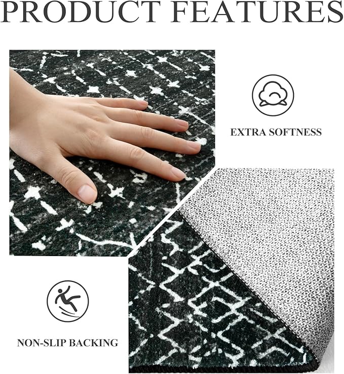 Lahome Moroccan Black Rug for Bedroom Washable Area Rugs 4x6 Non-Slip Ultra-Thin Living Room Carpet Stain Resistant Throw Entryway Indoor Mat, Geometric Print Modren Carpet Rug for Office Kitchen