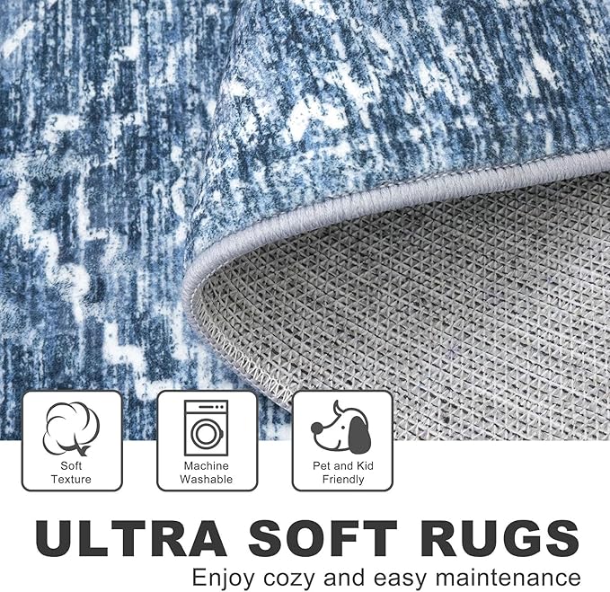 KILOCOCO Living Room Rug 5x7 Area Rug Printed Boho Washable Bedroom Rugs Non Slip Soft Large Moroccan Indoor Rugs for Dining Room Office Farmhouse Geometric Carpet, Stonewashed Blue