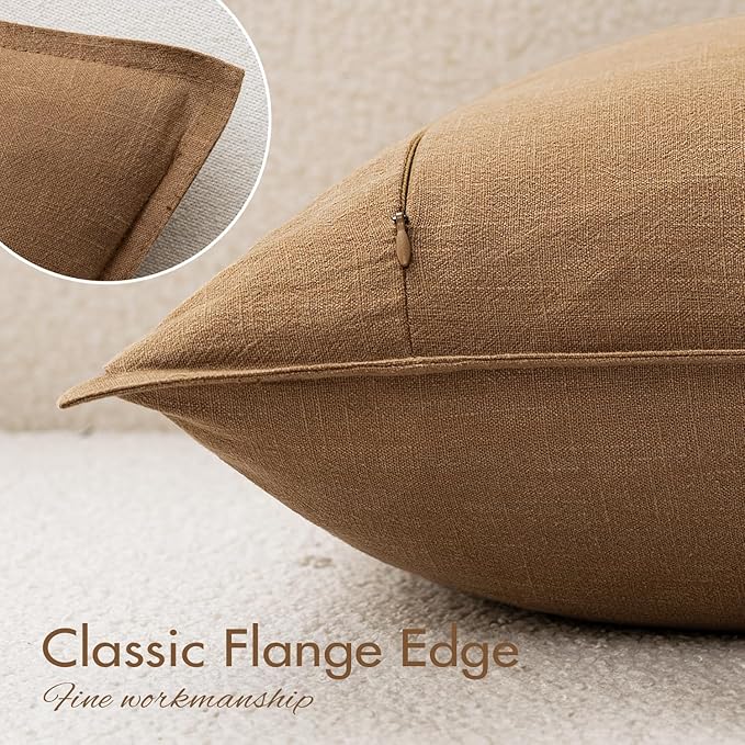 EMEMA Decorative Linen Throw Pillow Covers 18x18 Inch Brown Boho Farmhouse Neutral Couch Throw Pillows for Bed Pack of 2 Accent Pillowcase Modern Sofa Cushion Livingroom Home
