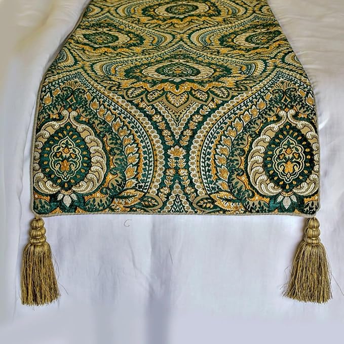 The HomeCentric King/Queen/Twin Green Designer Full 68"x18" Bed Runner with One Pillow Cover, Damask, Tassels & Tapestry Bed Scarf on Jacquard Fabric - Damask Tapestry
