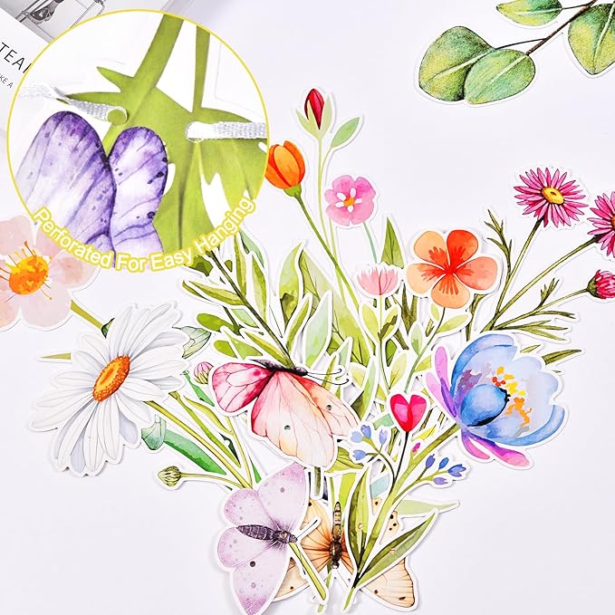 Pre-Strung Flower Garland Wildflower 2PCS Birthday Banner Tea Party Supplies Decorations Butterfly Floral Spring Leaf Daisy Bridal Shower Wedding Gard