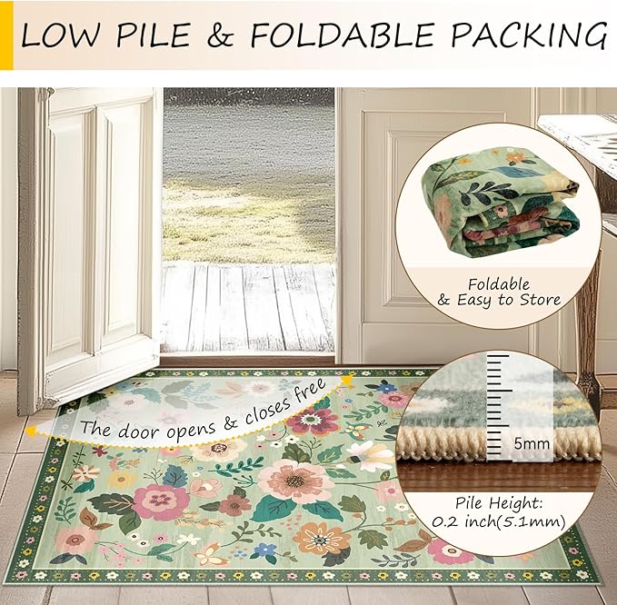 Floral 2x10 Area Rug Machine Washable Soft Print Boho Carpet Non Slip Doormat Low Pile Flower Area Rugs for Living Room Bedroom Nursery Kitchen Dining Room Indoor-Light Green