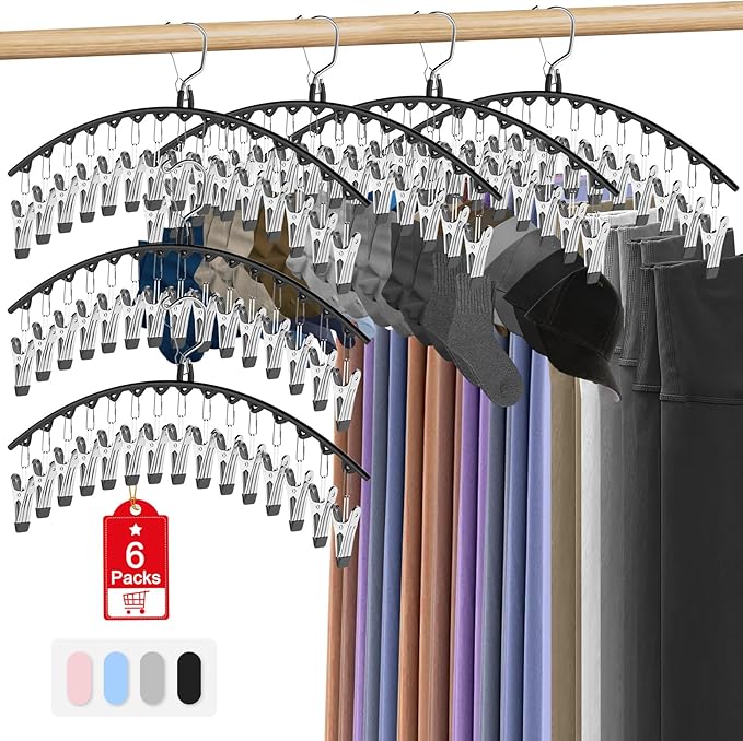 Upgrade Skirt Pants Hangers with Clips, Metal Legging Organizer for Closet with 15 Cilps Holds 90 Leggings/Shorts/Jeans/Skirts Pants Hangers Space Saving Closet Organizers and Storage, Black 6Pack