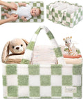 Checkered Diaper Caddy Organizer with Portable Changing Mat - Teddy Fleece Diaper Organizer for Changing Table - Caddy Organizer with Removable Dividers - Green and White