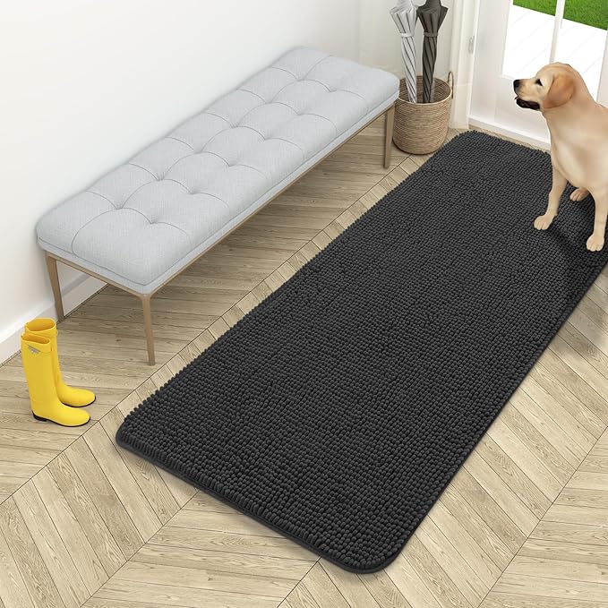 OLANLY Dog Door Mat for Muddy Paws 54x24, Absorbs Moisture and Dirt, Absorbent Non-Slip Washable Doormat, Quick Dry Chenille Mud Mat for Dogs, Entry Indoor Entryway Carpet for Inside Floor, Dark Grey