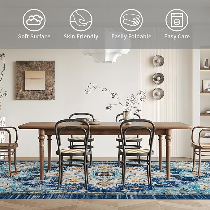Easy-Going Area Rug 6x9 Washable Boho Rugs for Living Room Non-Slip Bedroom Rug Low Pile Lightweight Tangerine Vintage Throw Rug for Dining Room Kitchen Home Office Carpet, Floral Aqua Yellow