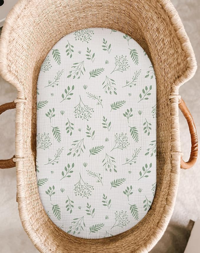 Bassinet Sheet for Baby Boy and Girl 2 Pack, Fitted Sheets for Rectangle, Oval, Hourglass Bassinet Mattress, Muslin Moses Basket Sheets with Neutral Style (Fern Leaf & Sage)